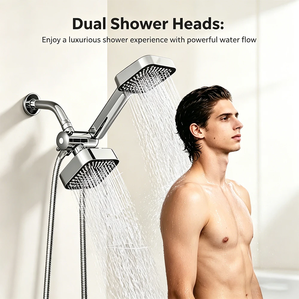 

1 Set Large Handheld Showerhead Set with Dual Nozzle Wall Mounted Square Design High-Quality Material with Long Hose
