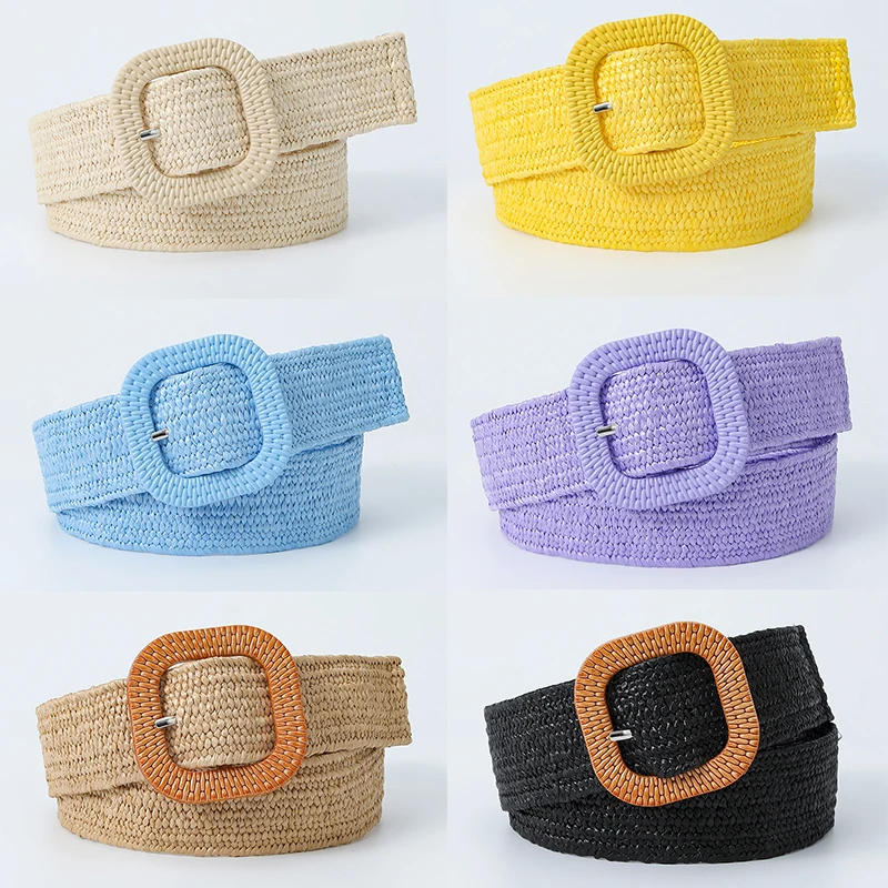 

Braided straw Belts for Women square Woven Buckle Waist Belt Bohemian Elastic Waistbands Luxury Brand Vintage Dress Waist strap