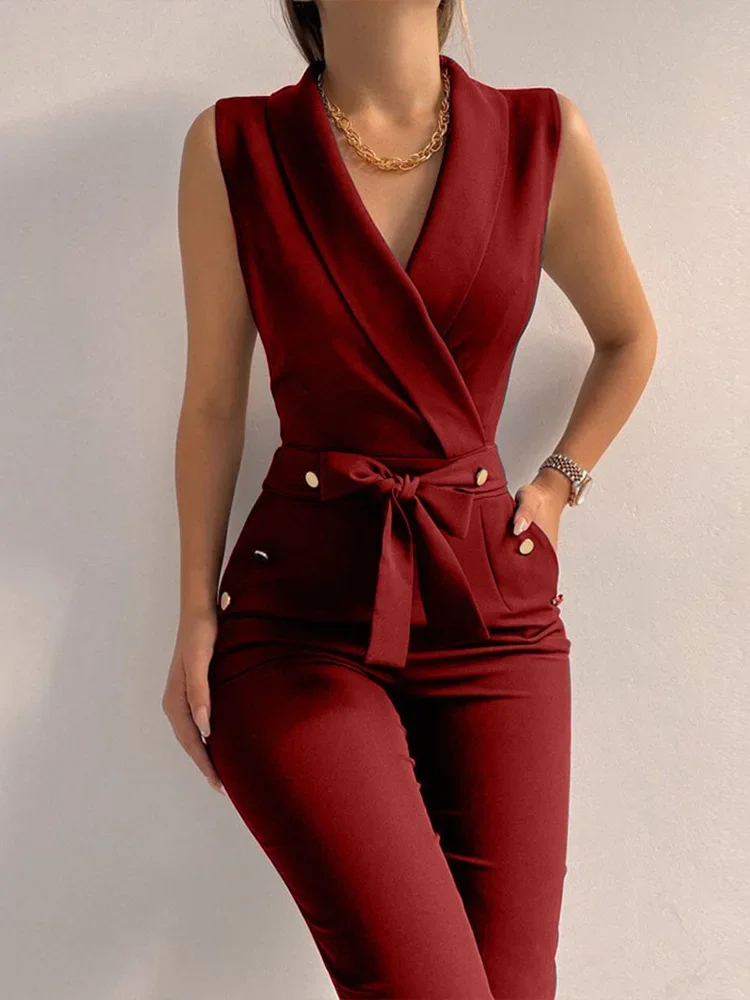 Dames Casual Jumpsuits Met V-Hals En Veters Mouwloze Broek Streetwear Overalls Jumpsuit Dames