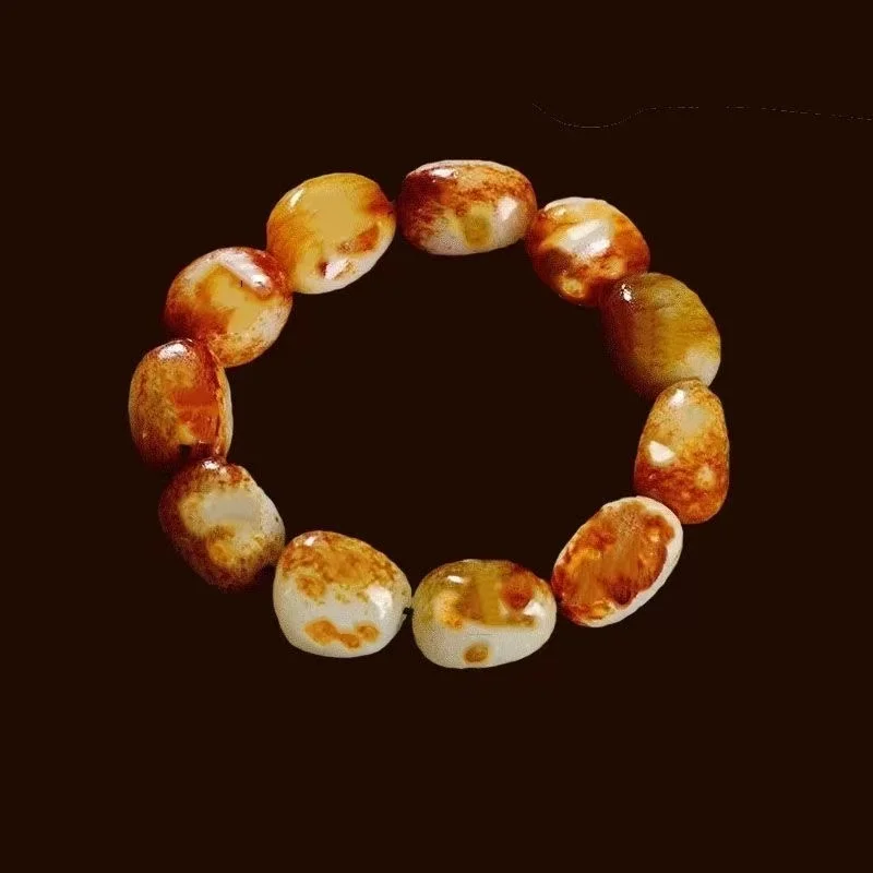 Natural Hetian jade seedstone freeform bracelet, raw stone with red jade skin, white jade and green jade round bead bracelet for