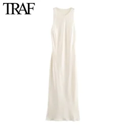 TRAF Women Fashion Summer New Round Neck Backless Satin Texture Sleeveless Long Dress French Chic Female Evening Clothing