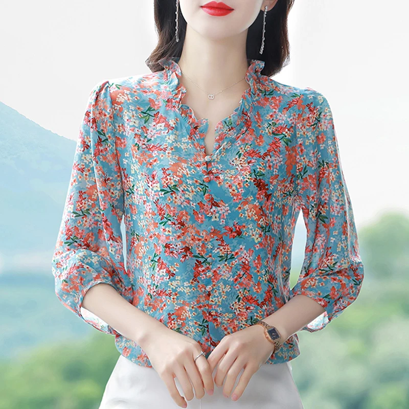 M-4XL Elegant Fashion Women Chiffon shirt Retro Floral Printed Tops Spring Summer Casual Button Pullovers Blouse