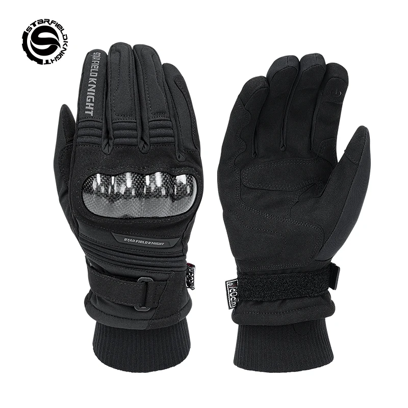 SFK Black Motorcyle Carbon Fiber Genuine Leather Full Finger Gloves Winter Plush Warm Waterproof And Breathable Touch Screen