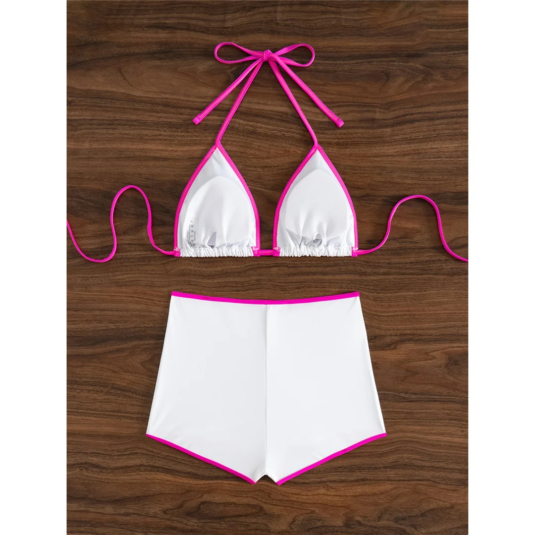 Neu mit Shorts Damen-Badeanzug, Badebekleidung, weiß, sexy, mittelhoher Bund, Bikini, zweiteiliger Bikini-Set V7059 – Detail 9
