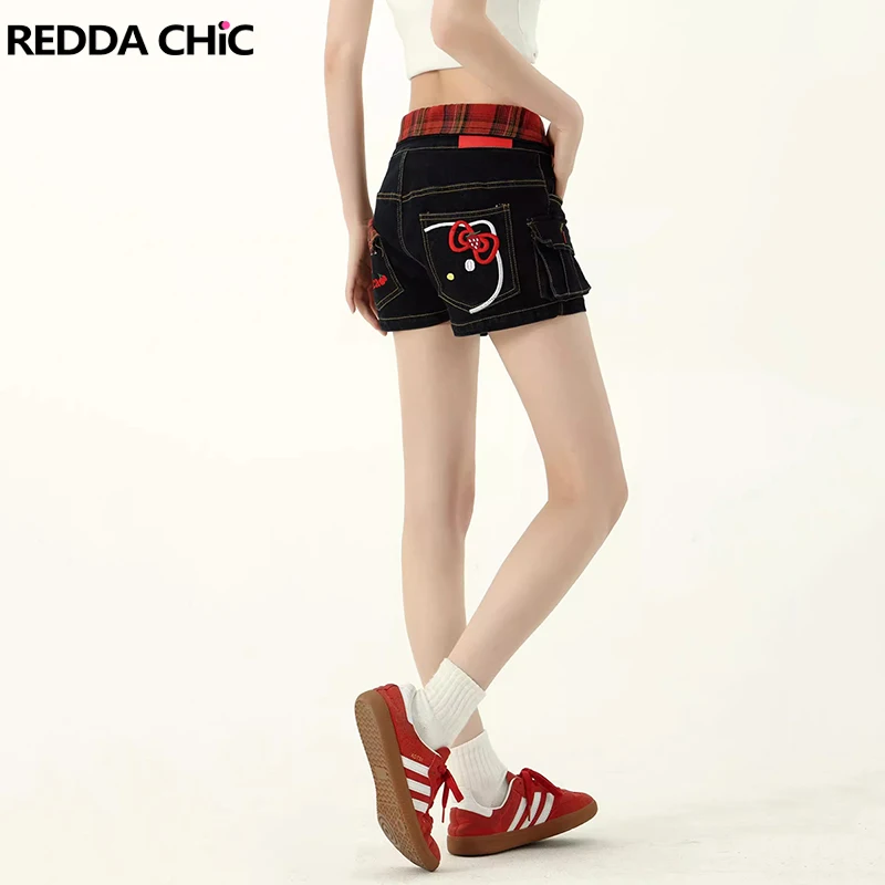 

REDDACHiC Y2k Women Cargo Jean Shorts Cat Embroidered Multi-pocket Contrast Plaid Low Waist Denim Short Pants Summer Streetwear