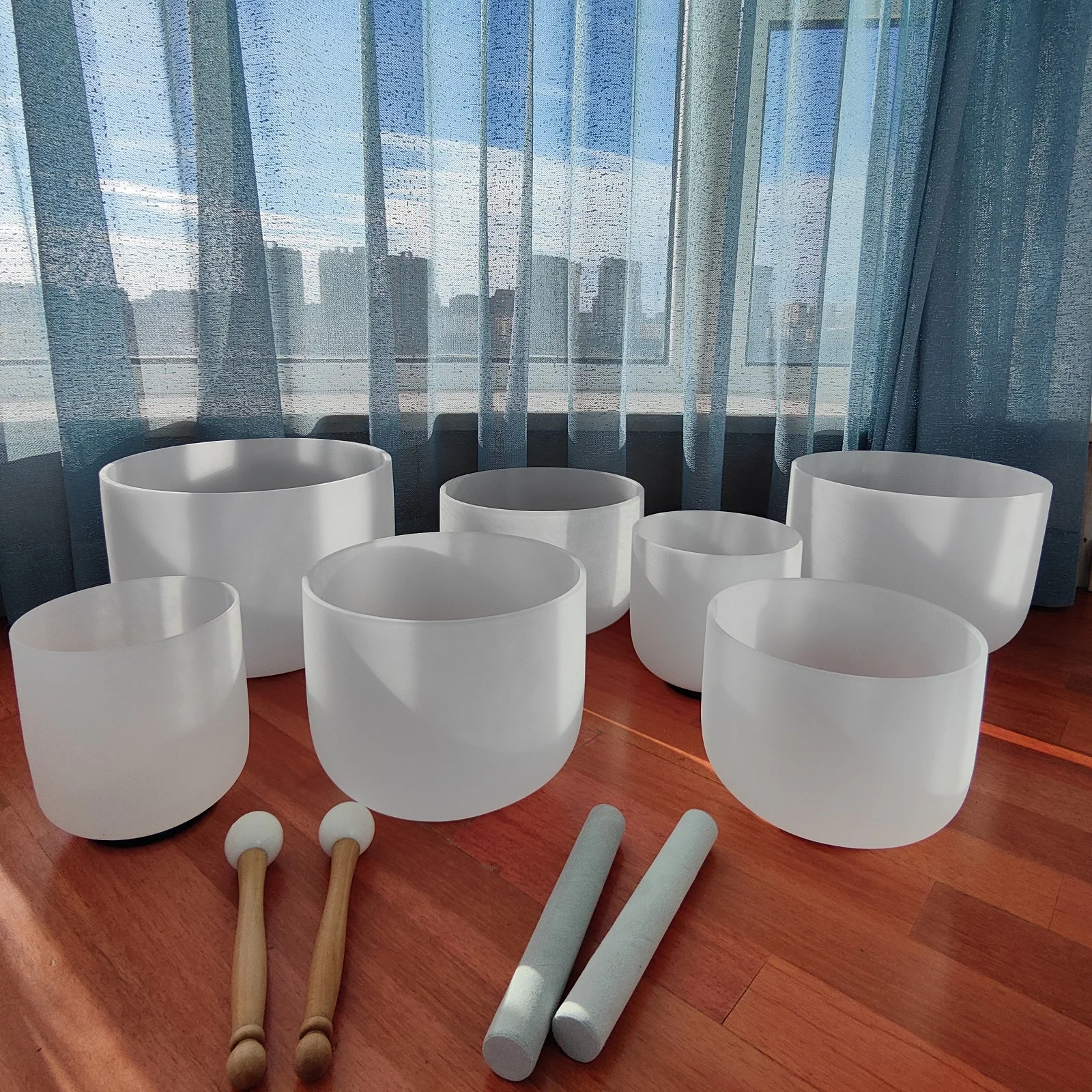 7-12inch 432hz/440hz Frosted Quartz Crystal Singing Bowl Chakra Set of 7PCS With Carrying Case, Mallets,O-ring Included for Yoga