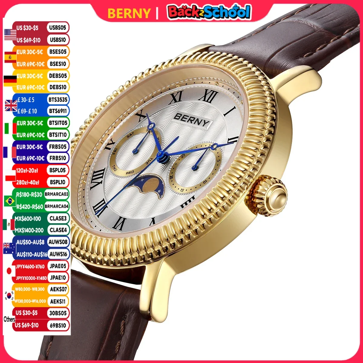 BERNY Watches for Men Luxury Dress Brand Business Gold Quartz Real Moons Man Watch S/S Sapphire Calendar Moon Phase Wristwatch