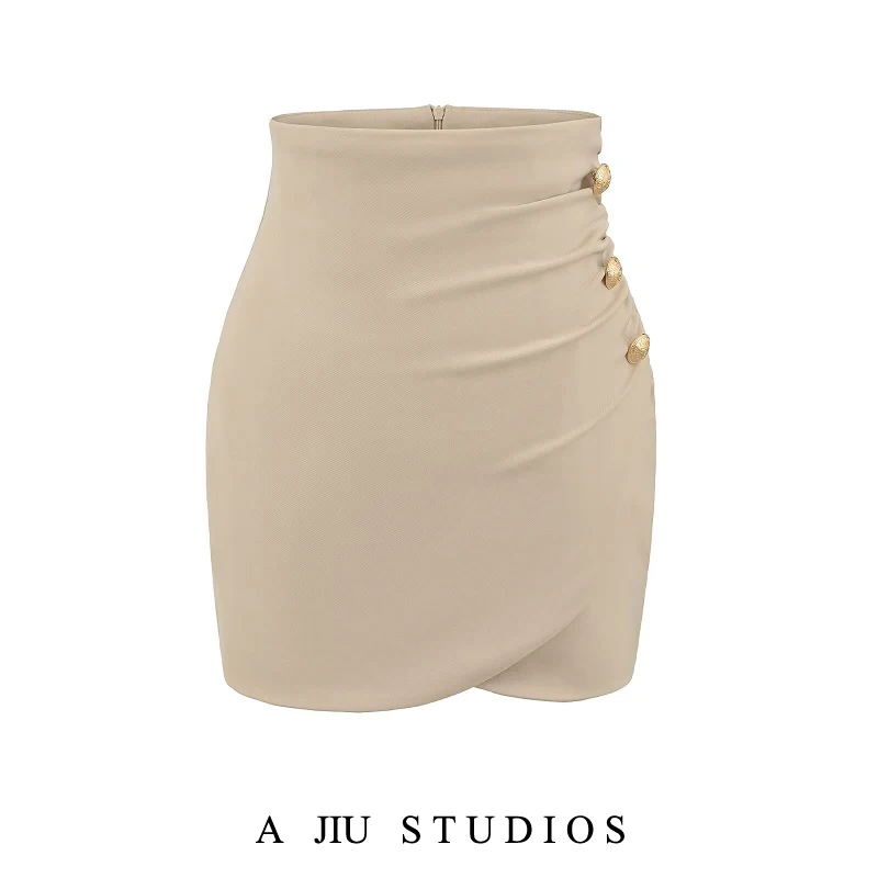 

Плиссированная юбка с высокой талией, женская сексуальная облегающая юбка с золотыми пуговицами, повседневная одежда, облегающая юбка из полиэстера