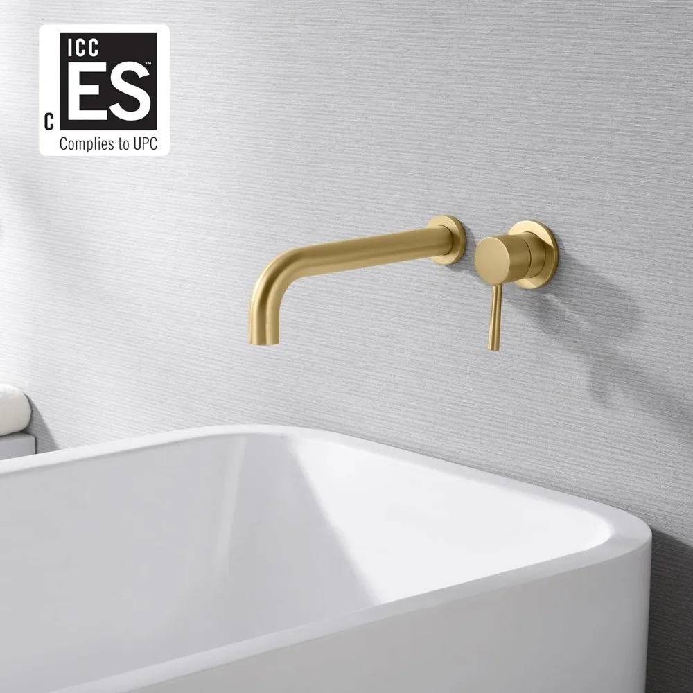 ブラッシュゴールドの壁掛け式浴槽用蛇口、高流量と超ロングスパウト付き、真鍮製の埋め込みバルブ付き