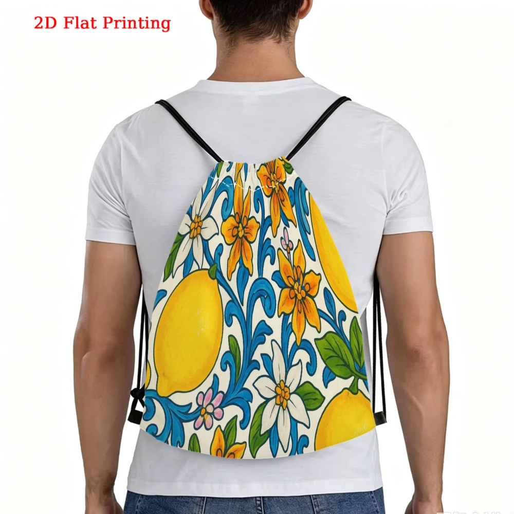 Vibrant Floral, Drawstring Backpack, 2D Flat Printing Lemon Pattern, Gym Sports Bag, Outdoor Travel Cinch Sack