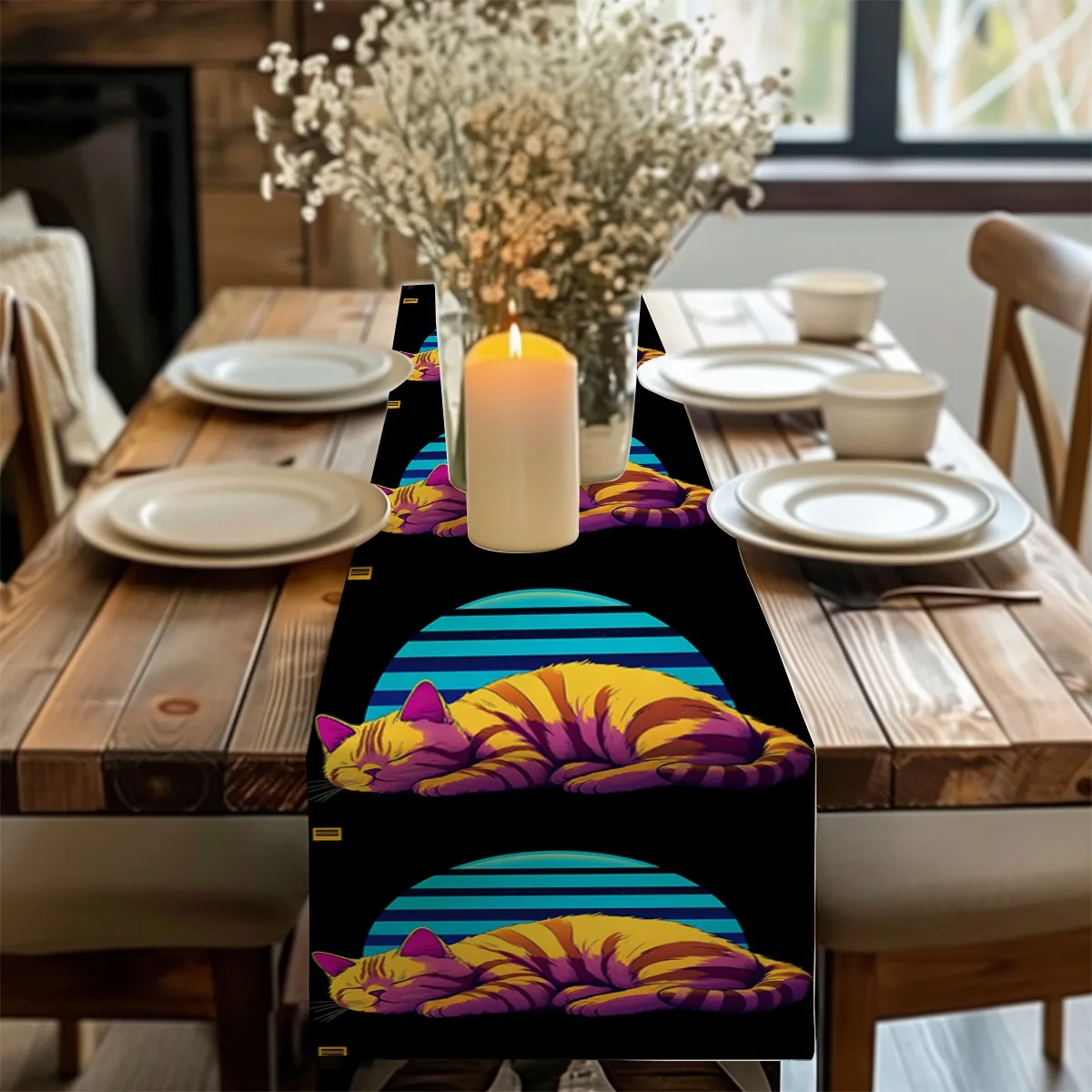 

print table runner Retro Sunset Cat Stripes 80s Style Table Flag dressing table flag for Kitchen & Home, Housewarming Gift