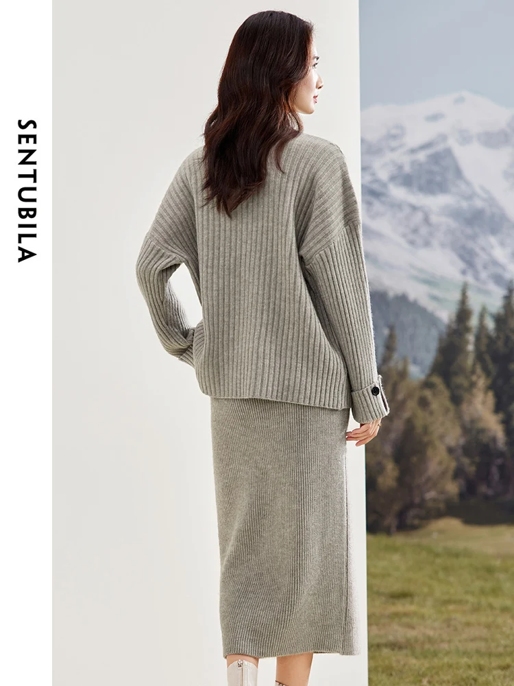 SENTUBILA Grey Knitted Sweater Set O-neck Long Sleeve Top Midi Skirt 2024 Spring Fashion Casual Two Piece Sets Women W34Z52267