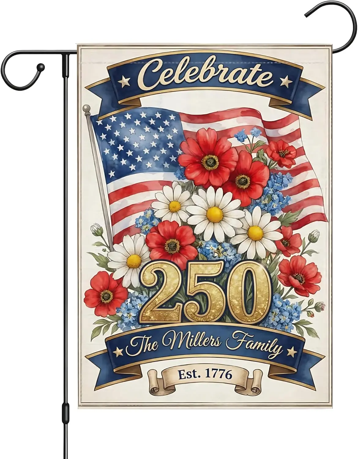Personalized USA 250th Anniversary Garden Flag Custom Family Name Patriotic Yard Banner Celebrate 250 Independence Day Outdo MMZ