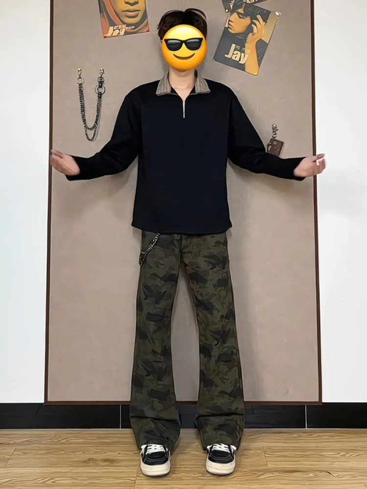 Amerikaanse retro camouflage uitlopende jeans heren herfst winter high street vibe fce gevoerde liftzak afslankmesbroek
