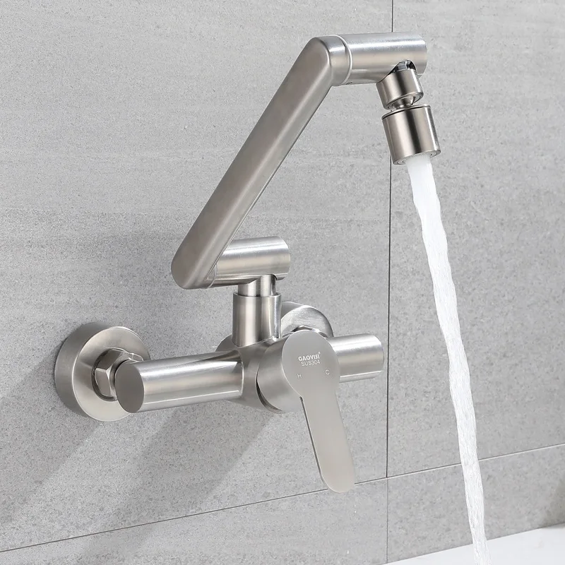 

Wall mounted stainless steel cold and hot faucet single handle double hole kitchen sink rotary faucet bathroom accessories