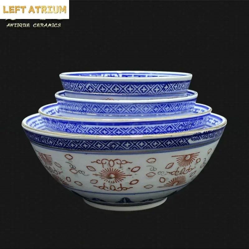 Jingdezhen 1980s Ceramic Bowl Set - Traditional Blue-White Dragon & Swallow Motif - Soup/Rice Porcelain Bowls with Collector
