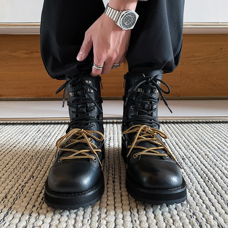 

Head layer cowhide short boots men thick soled height increasing paratrooper workwear design zipper style lace up outdoor shoes