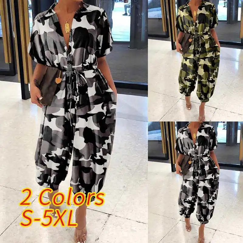 

2020 Leopard Print Pants Women's Retro Short Sleeve Button Loose plus Size Slimming High Waist Leg Lengthening
