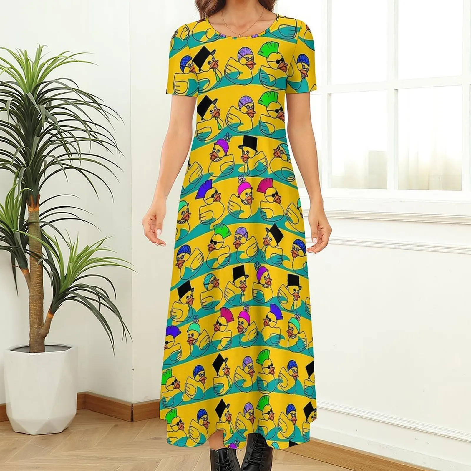 재미있는 고무 오리 프린트 원피스, 트렌디 맥시 원피스 스트리트 스타일, 보헤미아 롱 드레스, 여성 반팔, 오버사이즈 베스티도