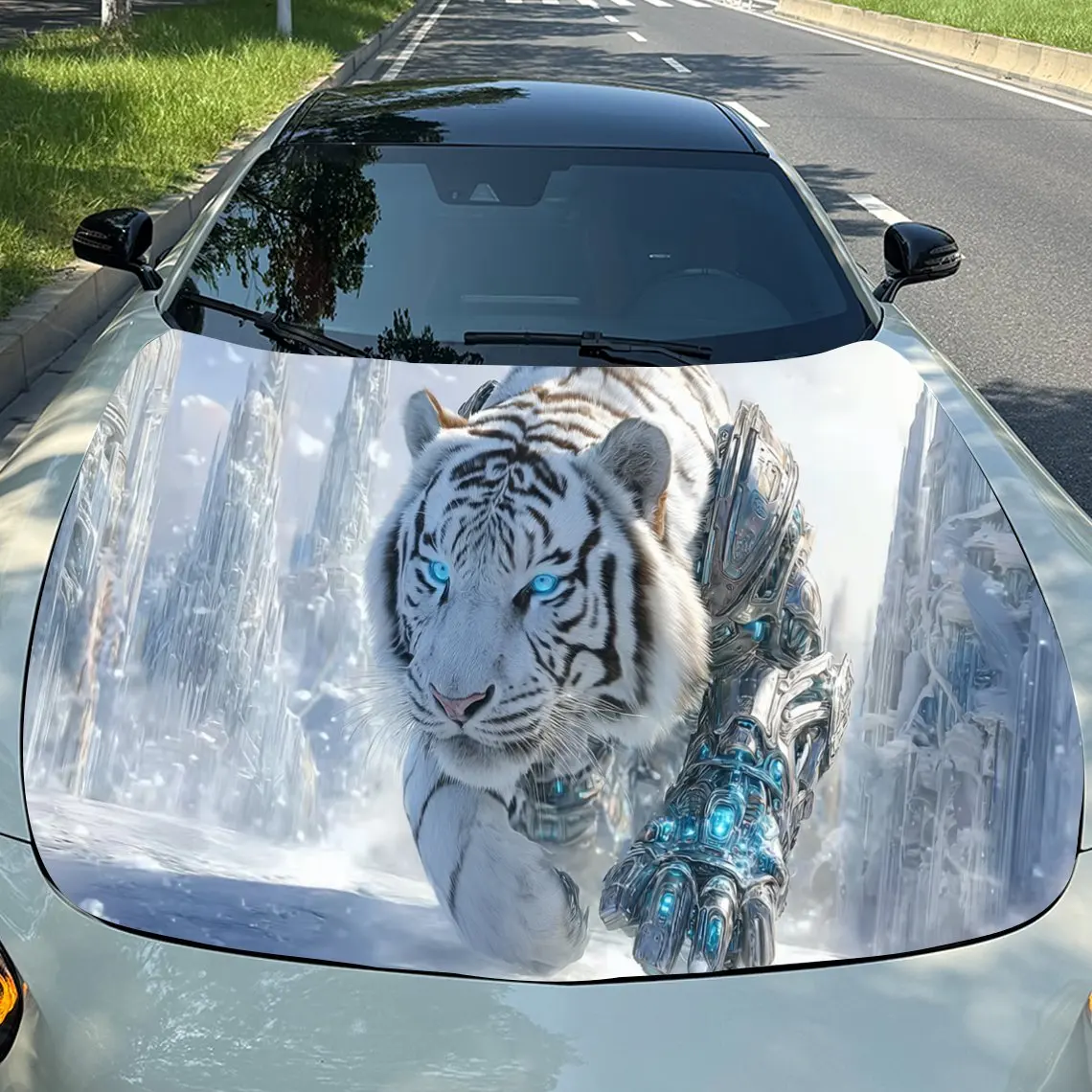 Mechanical White Tiger Cyber Dome Car Vinyl Wrap, PVC Material Waterproof Car Hood Sticker, Self-Adhesive Scratch-Resistant Stic