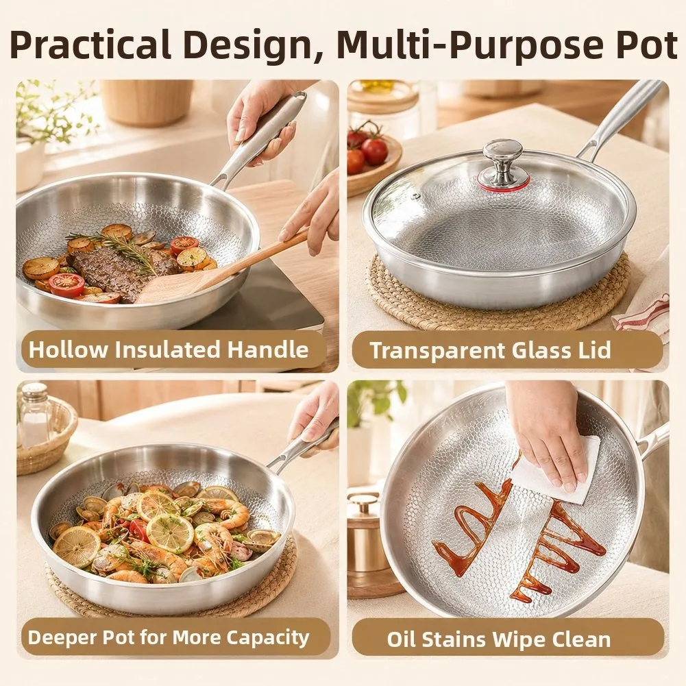 Healthy Meal Preparation Frying Pan Frying Pan Non Coated Skillet 304 Stainless Steel Pan Thick Steel Construction