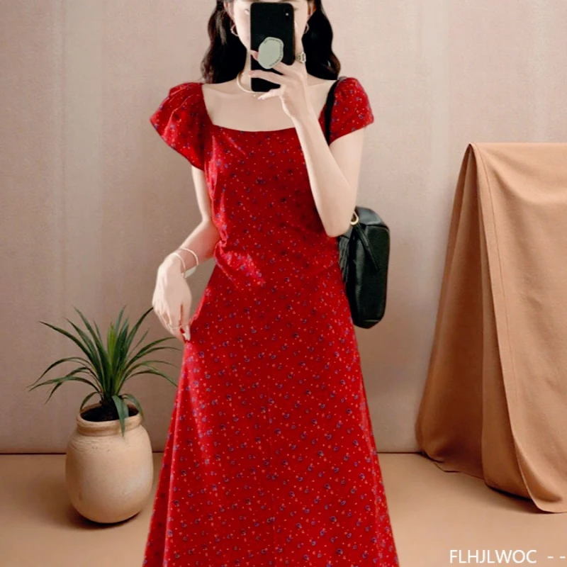 Shirring Slim Waist A Line Long Dresses New Fashion Women Short Sleeve Holiday Date Japan Girls Floral Print Retro Vintage Dress