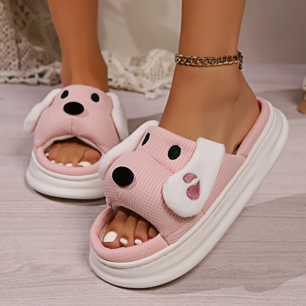 Cartoon Dog Design Linen Slippers Women Thick Sole Non Slip House Cotton Shoes Woman Comfortable Indoor Home Slippers Plus Size