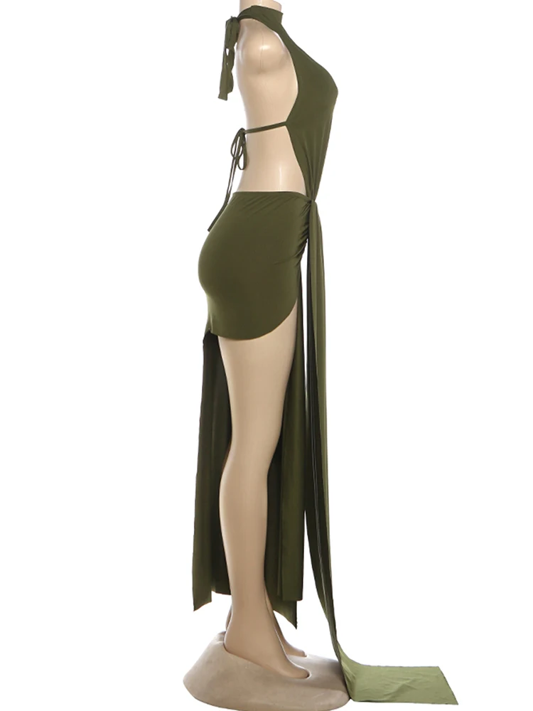 Kliou Seitlich Ausgeschnittenes Kleid Damen Bandage Neckholder Rückenfreies Ärmelloses Kleid mit Unregelmäßigen Hohentrennungen Elegantes Langes Bodycon-Kleid für den Urlaub – Detail 6