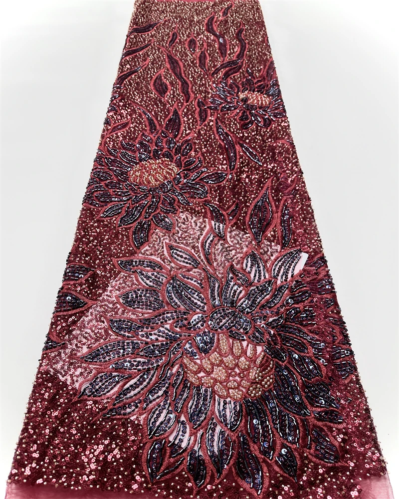 African French Sequined Lace Fabrics  High Quality Tulle Lace Nigerian Beaded Embroidered Dress Material For Party Wedding
