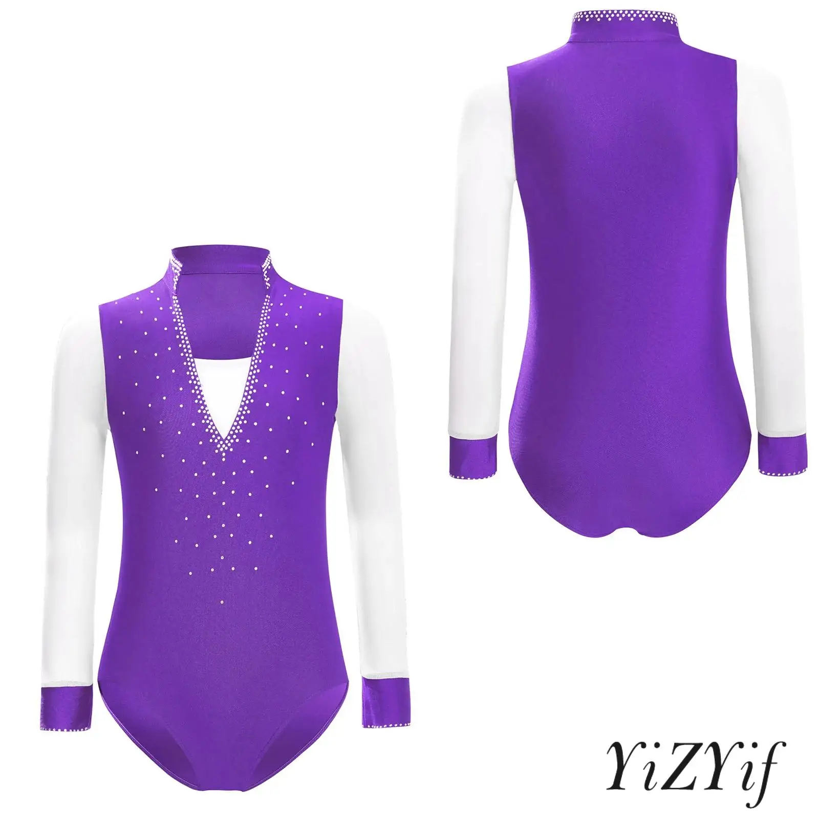 

Kids Boys Figure Skating Leotard V-neck Long Sleeve Sheer Mesh Shiny Rhinestones Ballroom Dance Performance Costume Dancewear