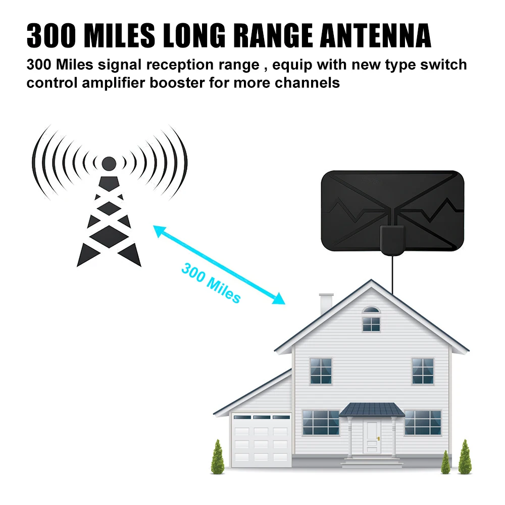 300 Miles Digital TV Antenna Indoor Signal Booster Amplifier HD VHF UHF Signal Receiver 4K 1080P HDTV Antenna for DVB-T DVB-T2