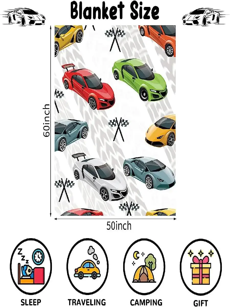 Racing Car Theme Throw Blanket for Kids  x  Inch Multicolor Sport Race Cars Fuzzy Plush Blanket for Boys Gift Soft