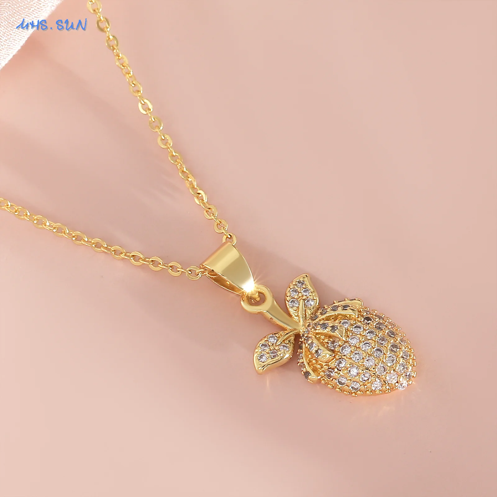 MHS.SUN Luxury 22K Gold Plated Strawberry Pendant Necklace With Cubic Zircon Fashion Women Clavicle Chain Jewelry Birthday Gifts