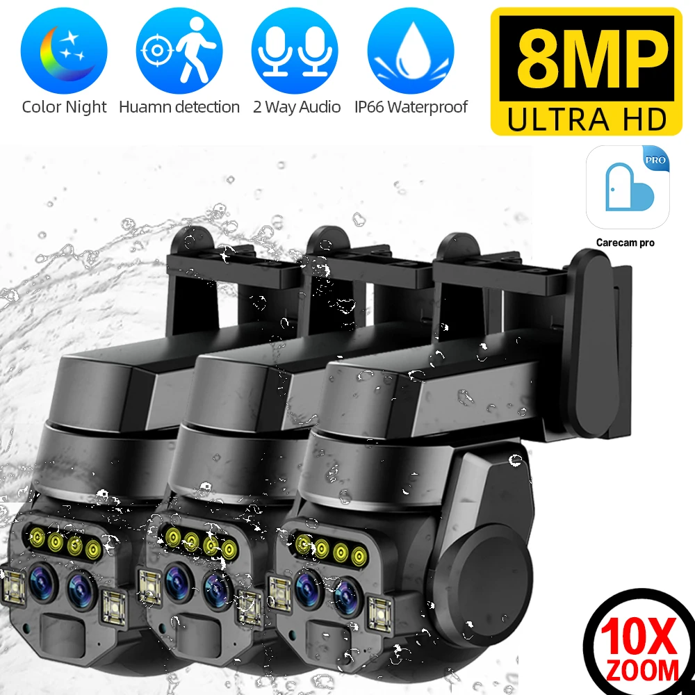 กล้องวงจรปิด 4K 8MP WiFi PTZ IP สำหรับภายนอกอาคาร เลนส์คู่ ซูม 10 เท่า เสียงสองทาง ติดตามอัตโนมัติ ป้องกันความปลอดภัย กล้องตรวจสอบ