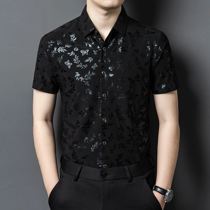 

Silky Shiny Print Luxury Shirts For Men Short Sleeve Anti-Wrinkle Summer High Quality Breathable Casual Plus Sized Chemise Homme