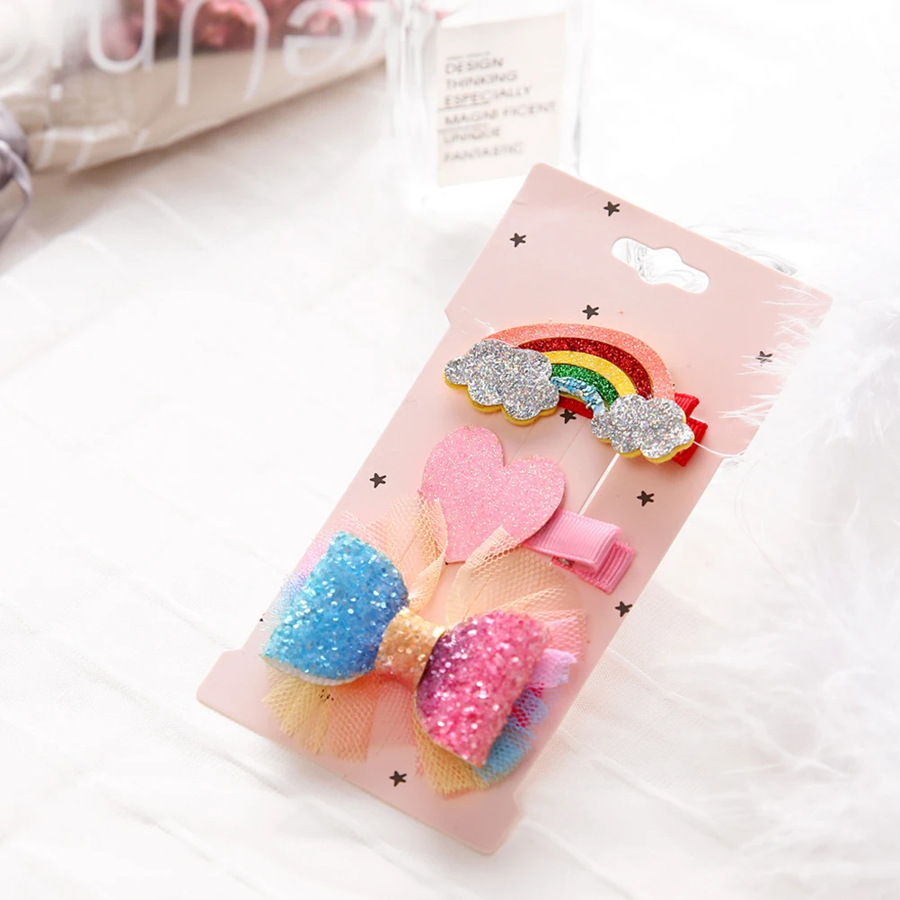 

3 pcs Lace Hair Pins Rainbow Bowknot Design Durable Non-Fading For Kids Girls Christmas Party Costume Stage Decor Hair Clips