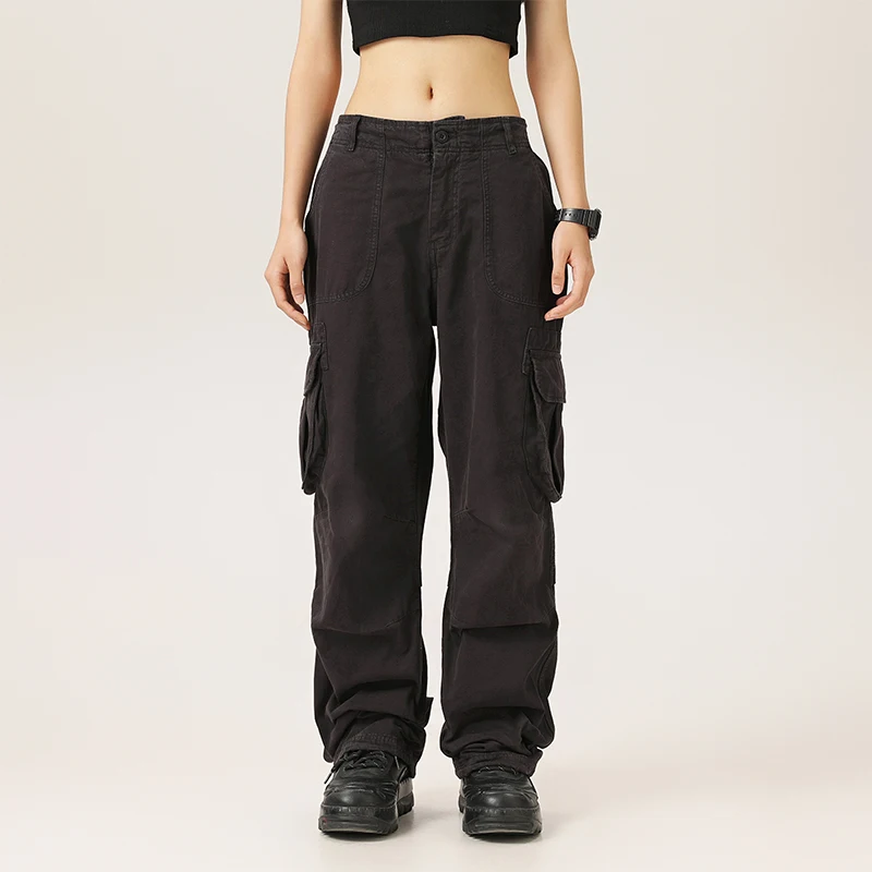 Calça cargo masculina 100% algodão, leve, ajuste relaxado, queimada e até o chão – calça masculina lavada de perna reta com cordão de torno dos tornozelos