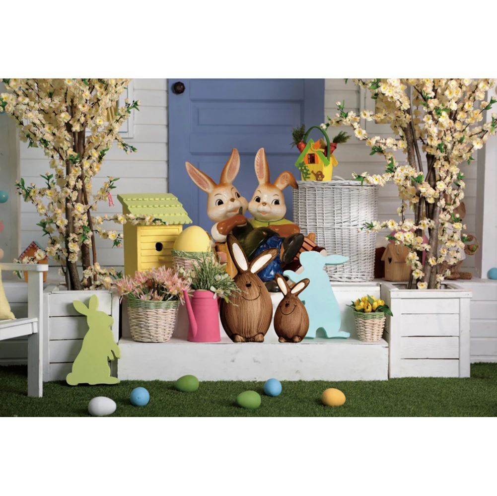 ฤดูใบไม้ผลิอีสเตอร์กระต่ายพื้นหลังดอกไม้กระต่ายหญ้า Lown วันเกิดการถ่ายภาพฉากหลังอีสเตอร์ไข่ Vintage ประตูฤดูใบไม้ผลิ Photocall