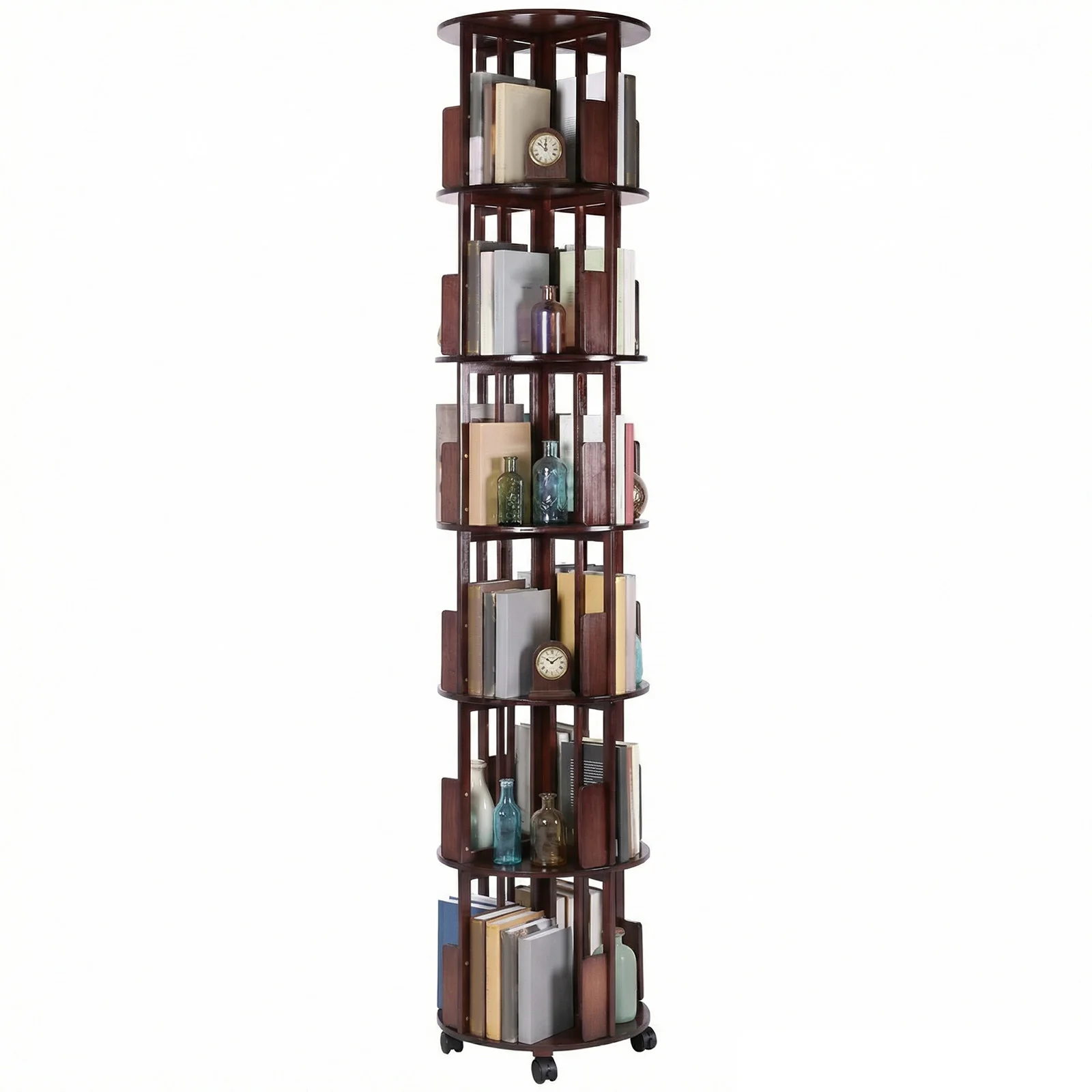 

6 Tier Bamboo Narrow Rolling Bookshelves Vertical Rotate Turning Spiral Corner Organizer for Small Space Home Office Living Room