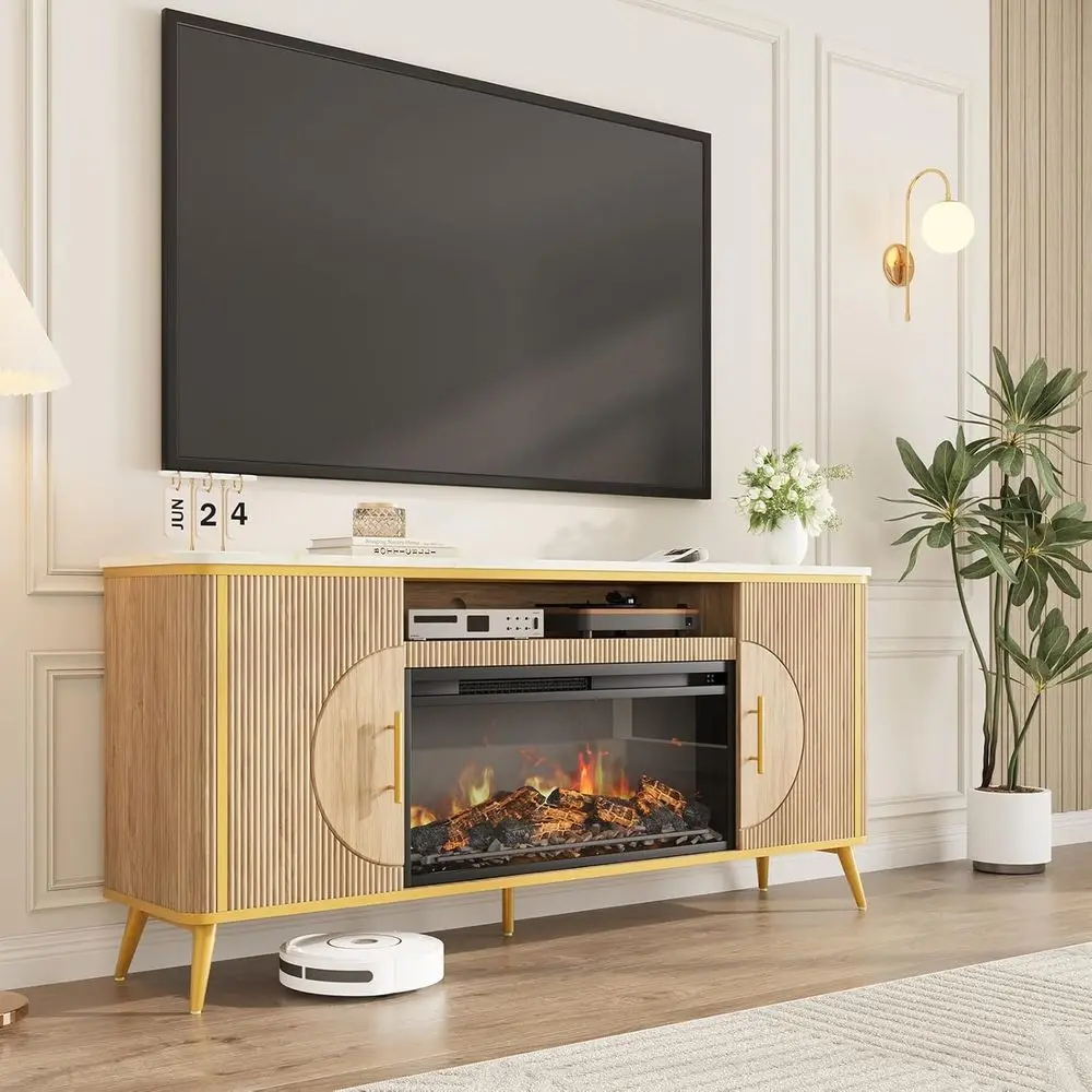 

Up to 80 TV Stand with 30 Electric Fireplace, Entertainment Center, Luxury Media Shelf, Nature Oak Finish
