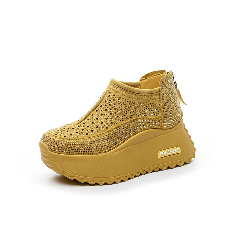 

8cm New Hollow Sandals Rhinestones Fashion Genuine Leather Women Chunky Sneakers Female Summer Height Increasing Ladies Shoes