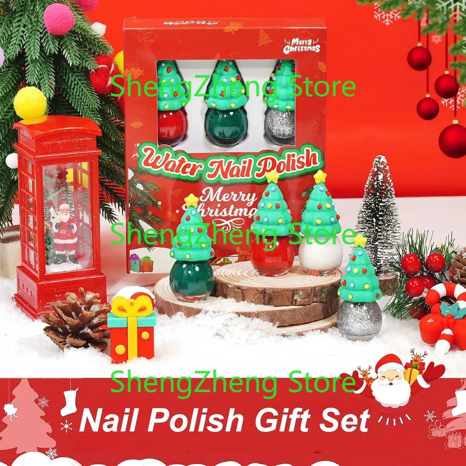 Christmas Water Based Nail Polish Set for Kids & Girls, Peel Off Kit, Art Stickers File Included, Non Toxic Quick Dry Little