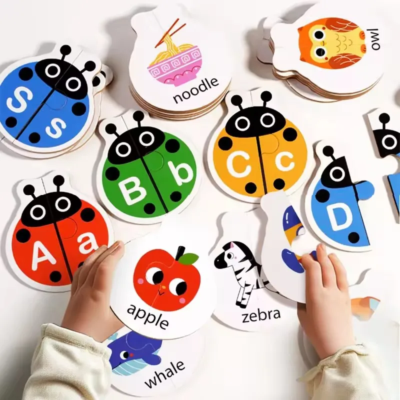 Puzzle in legno con alfabeto coccinella, carte fronte-retro, giocattolo per l'apprendimento delle parole e lettere per bambini, gioco da tavolo interattivo
