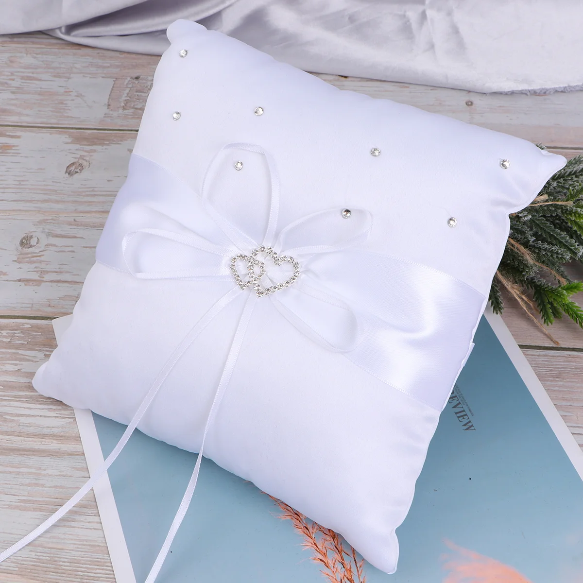 20*20cm Double Heart Bridal Wedding Ceremony Pocket Ring Bearer Pillow Cushion with Satin Ribbons (White)