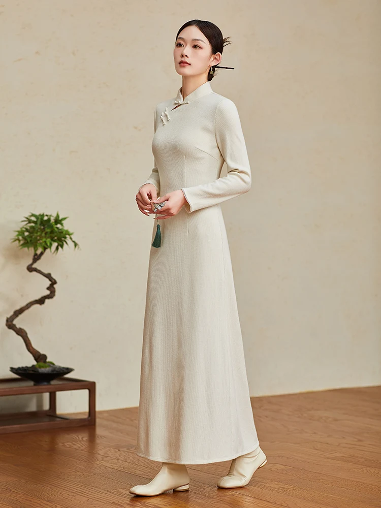 

Длинное Ципао Ele Chinese Sle для женщин, винтажная простая цветная осенняя одежда Hanfu в стиле ретро, повседневная одежда