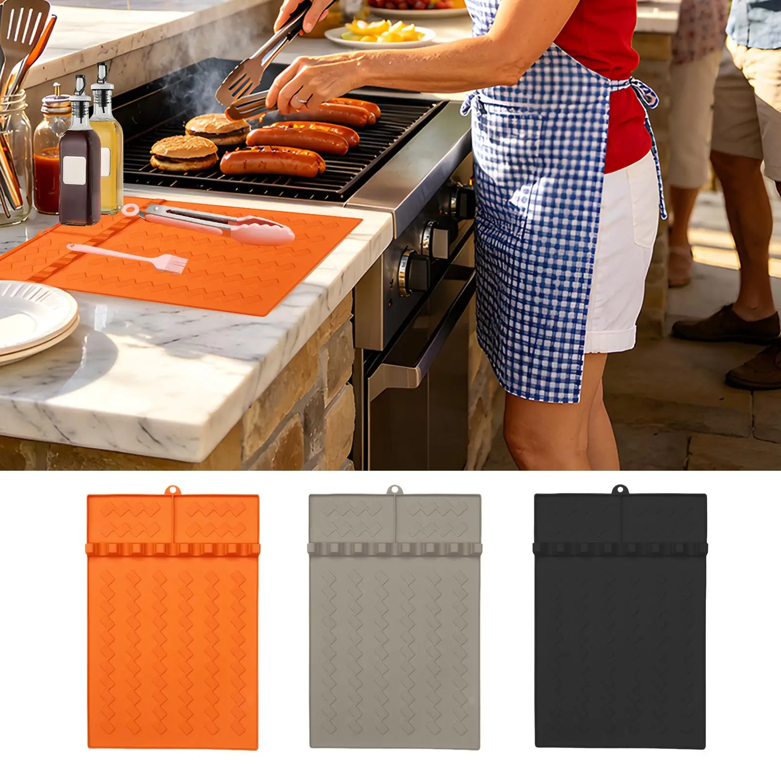 Silicone Grill Mat Heat Resistant Spatula Holder Countertop Protector BBQ Griddle Tools Pad Side Shelf for Outdoor Kitchen
