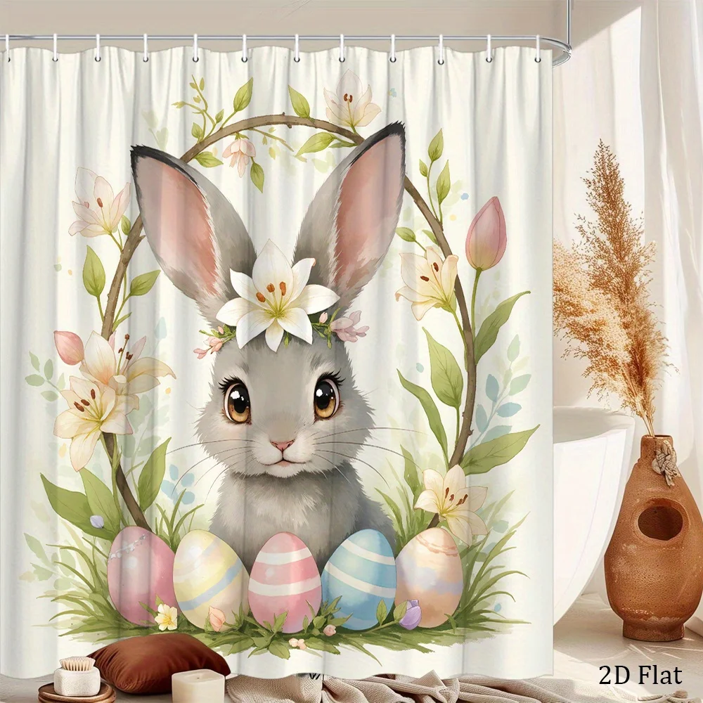 1pc Grey Rabbit with Lily Crown & Easter Eggs Shower Curtain - Pastel Spring Floral Bath Curtain with 12 Hooks, 70x70 Inch Bathr