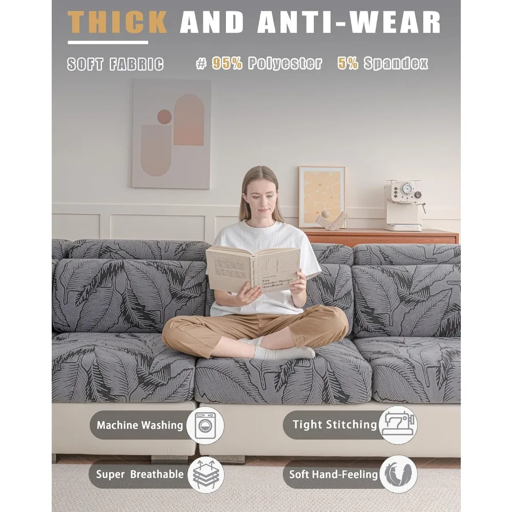 أغطية أريكة مقطعية على شكل حرف L صديقة للغسل مع طباعة أوراق شجر لحماية الأريكة ذات 3 وسائد