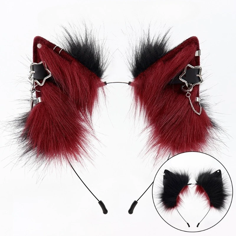 Handmade Plush Cat Ears Headband Punk Star Metal Decor Simulation Furry Animal Ear Cosplay Anime Party Hair Accessory