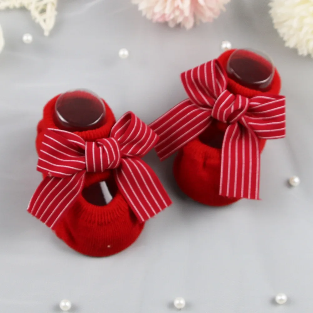 Newborn Indoor Cotton Red Breathable Socks Headband Bow Infant Anti Slip Socks Baby Girl Socks Baby Girl Stuff Spring Autumn